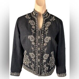SilkLand Black 100% Silk Blazer with Gold Embroidery & Sequence Women PS